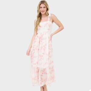 August Sky Women's Lace Trim Floral Midi Dress, Pink Multi, Medium NWT